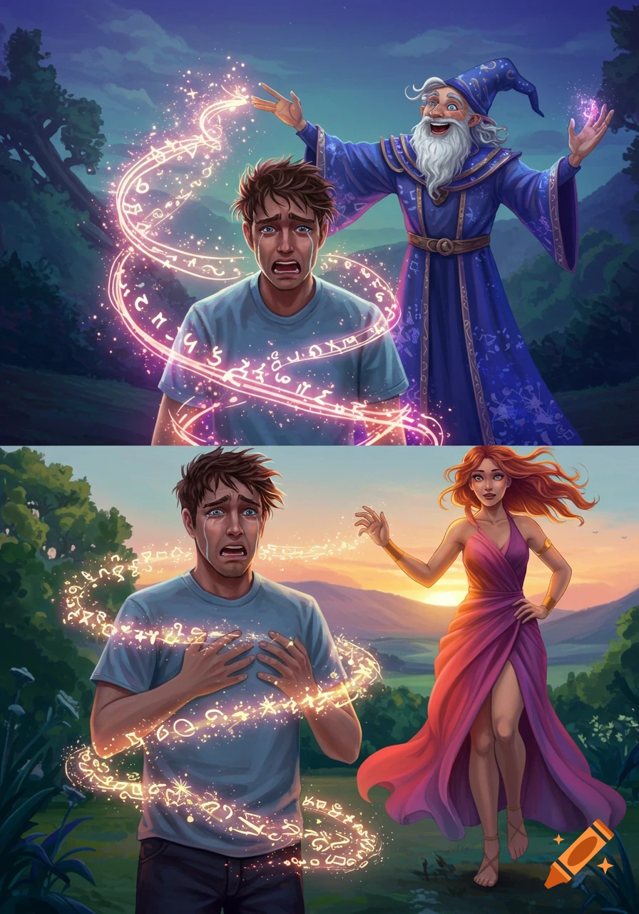 A two-panel fantasy illustration: a crying man is transformed into a woman by a wizard's magic.