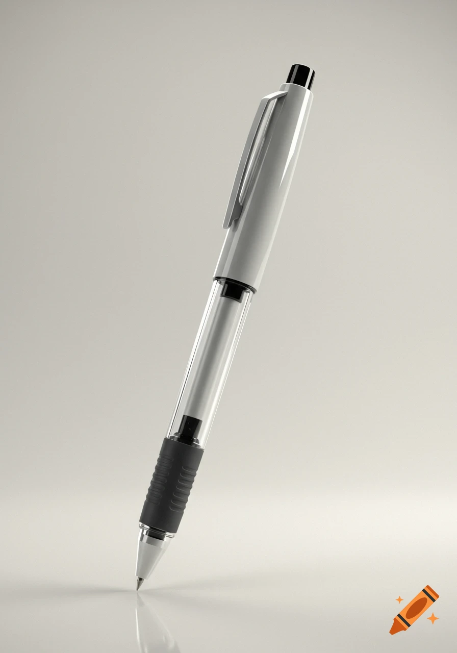 Photorealistic rendering of a white and black ballpoint pen leaning on a light surface.