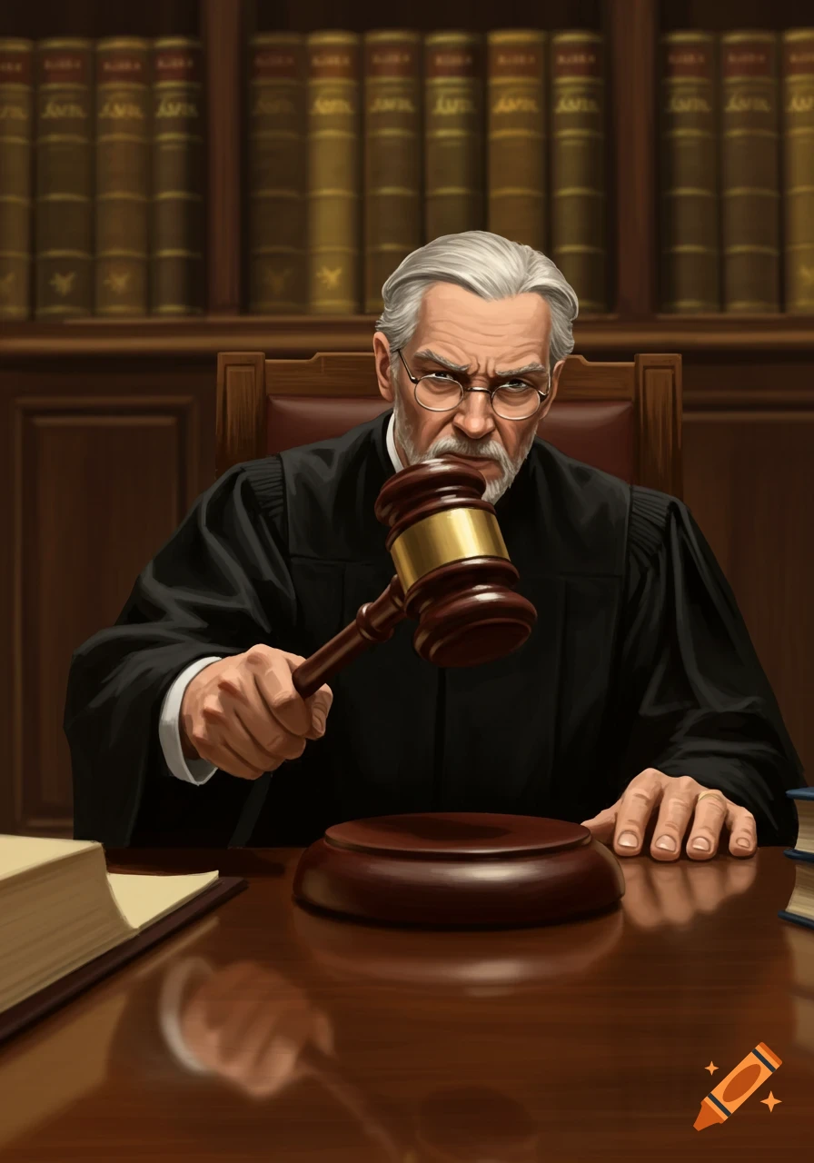 An angry judge in a black robe slams a gavel down on his desk, in a courtroom setting with bookshelves in the background.