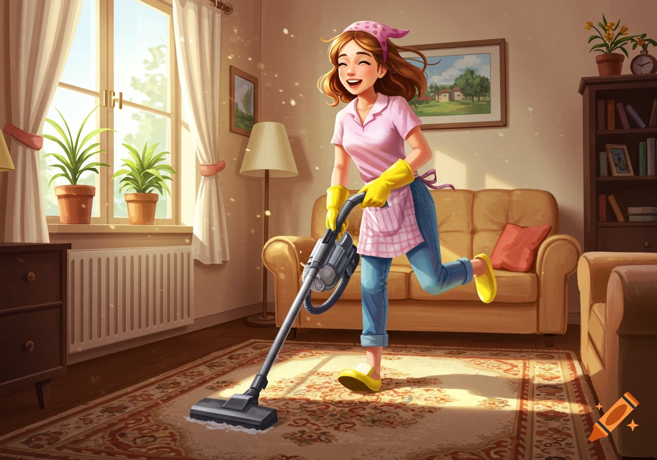 A happy illustrated young housewife in a pink shirt, yellow gloves, and an apron, vacuuming a patterned rug in a sunlit living room.