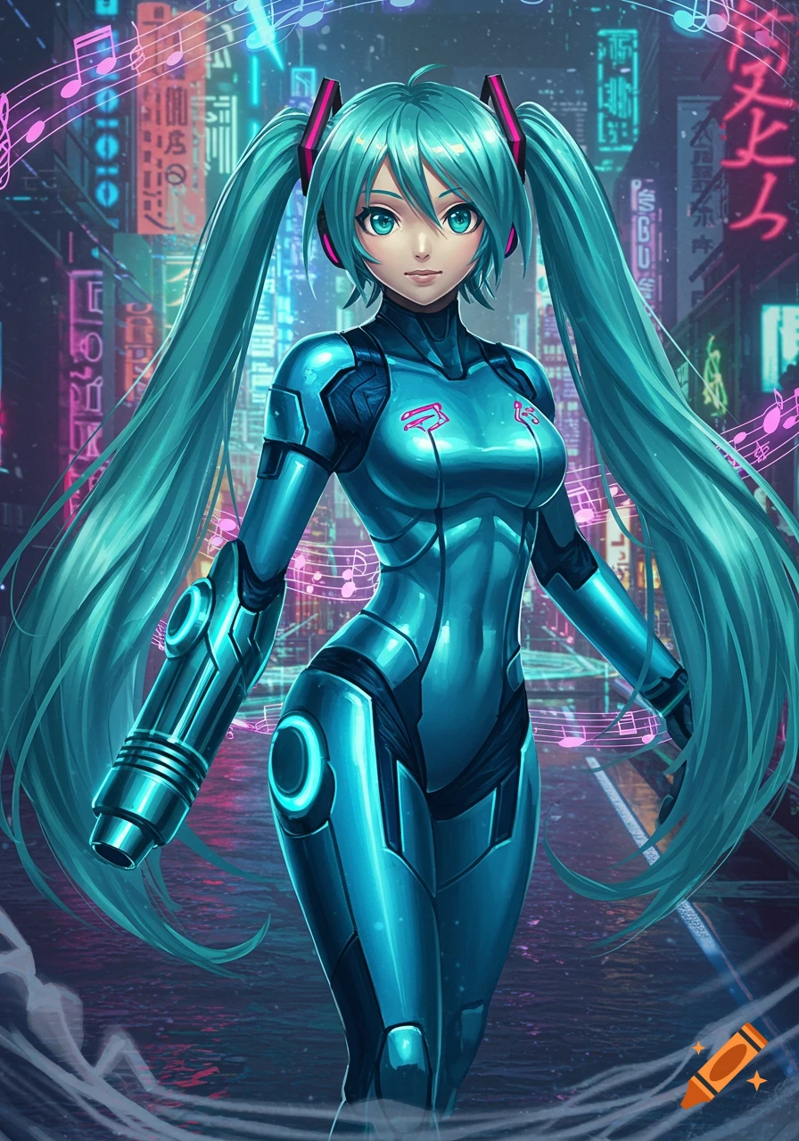 An anime girl resembling Hatsune Miku in a metallic blue futuristic suit stands in a neon-lit cyberpunk city.