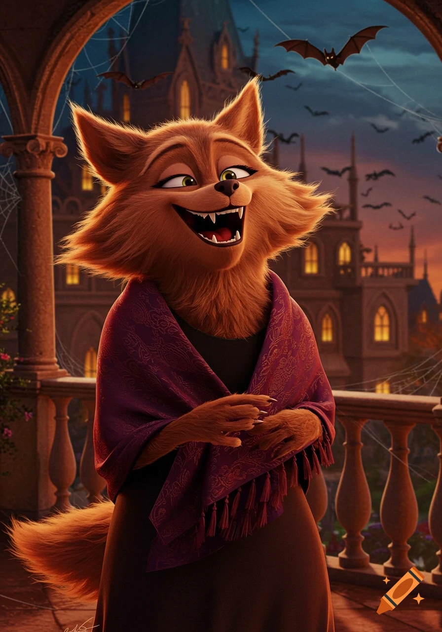 Animated brown wolf-like character, Wanda Werewolf, laughing on a gothic balcony with a castle and bats in the background at dusk.