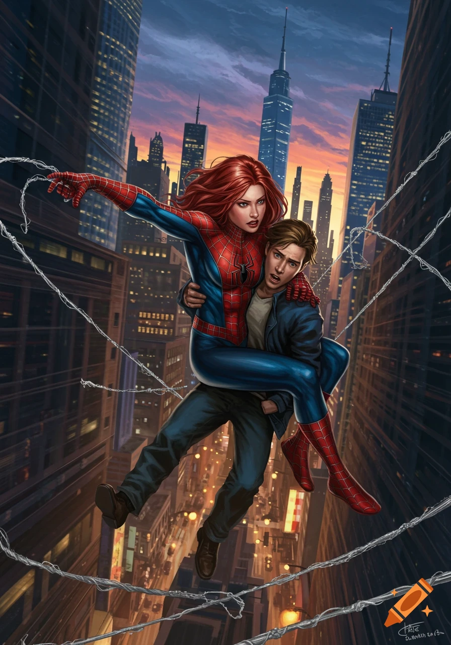 Spider-Woman with red hair carries a man while swinging on webs through a city at dusk, comic art style.