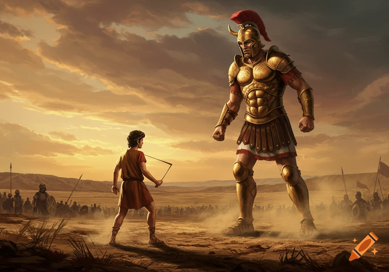 David with a sling faces a towering, armored Goliath on a battlefield at sunset, with armies in the background.