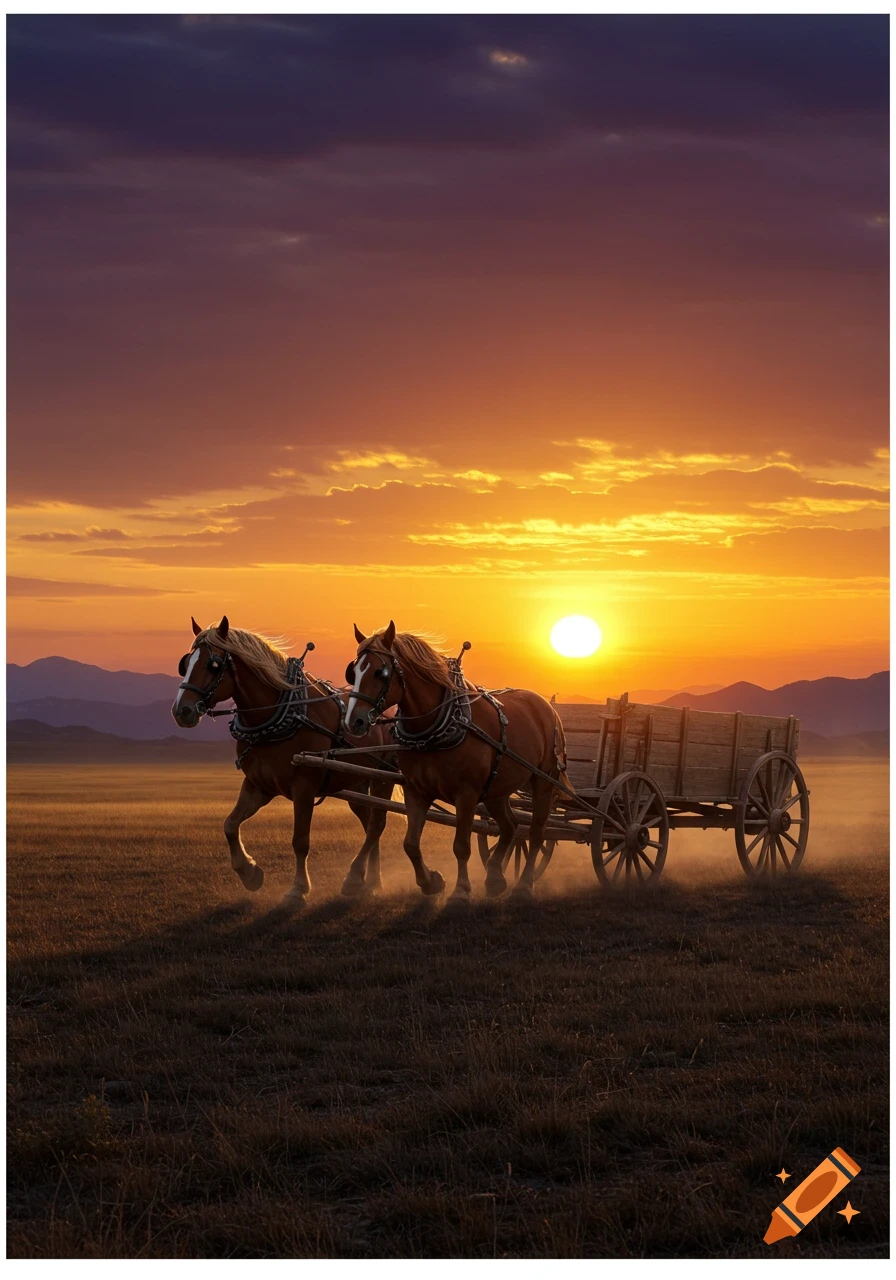 Two horses pull a wooden wagon across a grassy field at sunset, with mountains in the distance.