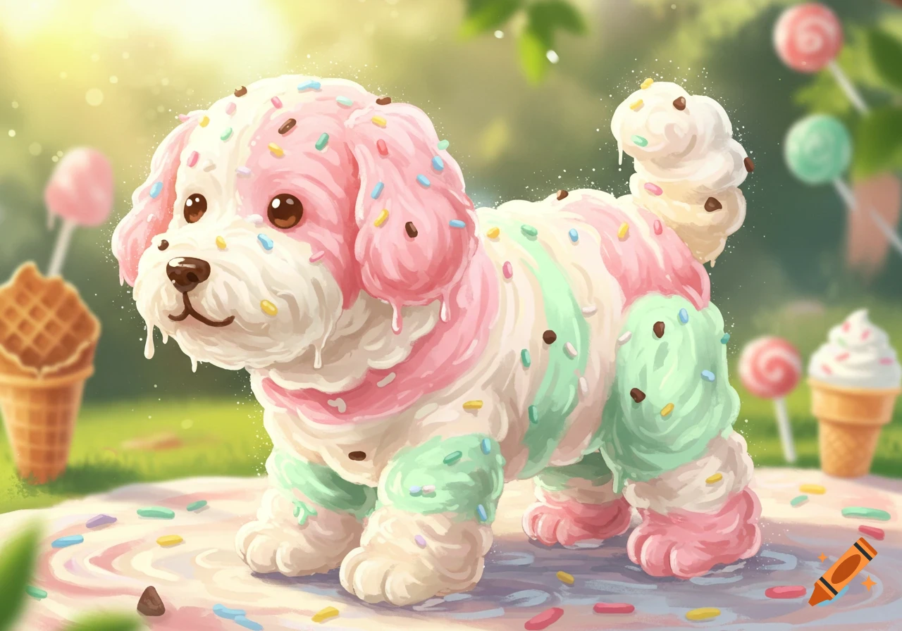 A cute, cartoon-style dog made of melting pastel ice cream with colorful sprinkles, standing on a sprinkle-covered surface with dessert items in the background.