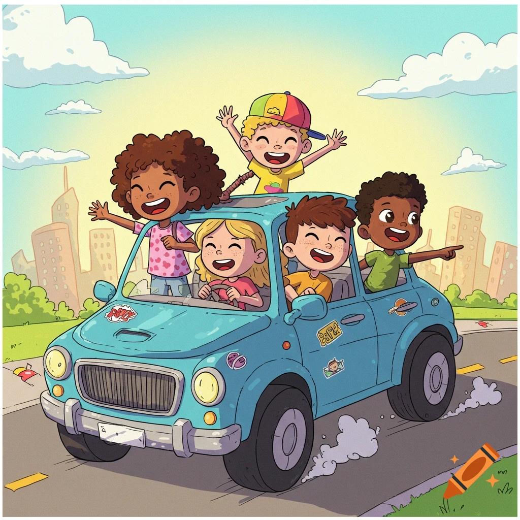 A colorful cartoon image of four smiling diverse children, two boys and two girls, happily riding in a blue car through a city.