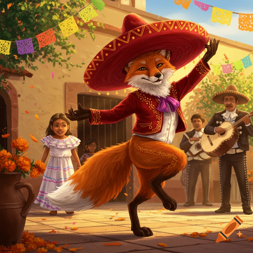 A cheerful anthropomorphic fox in a red sombrero and mariachi suit dances at a vibrant outdoor festival, with a girl and mariachi musicians.