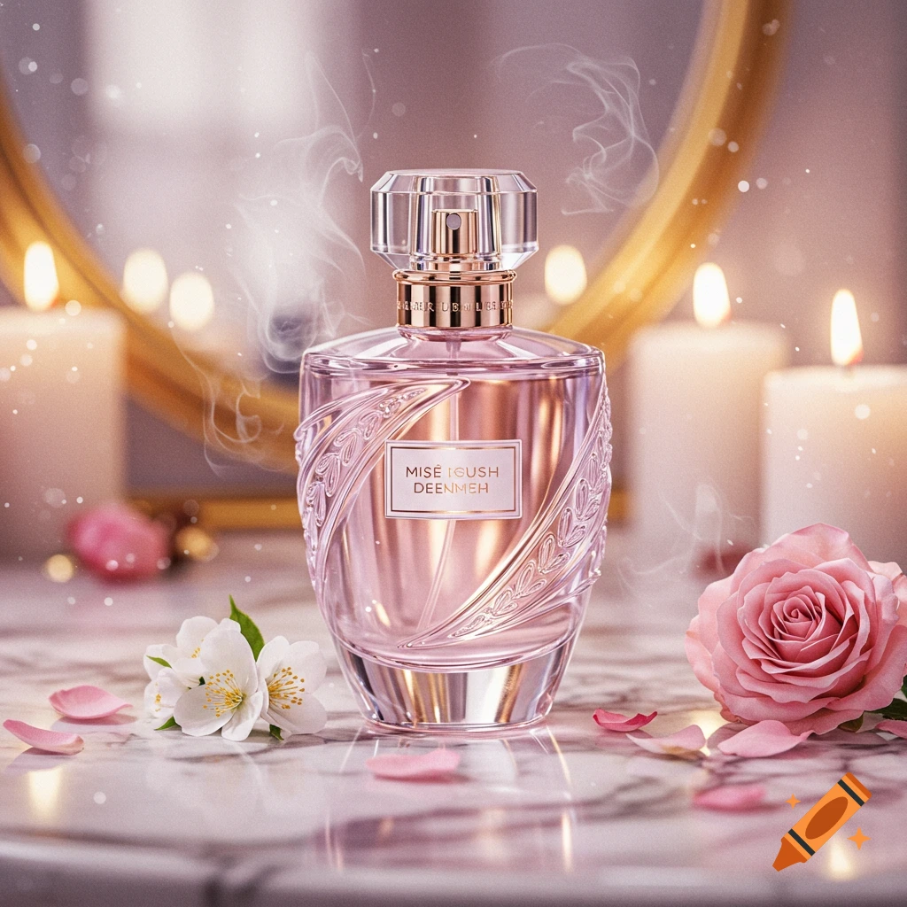 Photorealistic pink perfume bottle with ornate design on a marble surface, surrounded by roses, white flowers, candles, and a golden mirror.