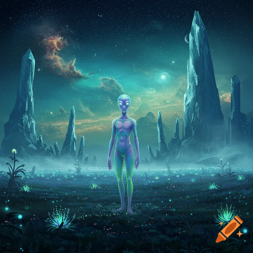A grey alien stands in a misty alien landscape with glowing plants and large crystal formations under a starry, cloudy sky.