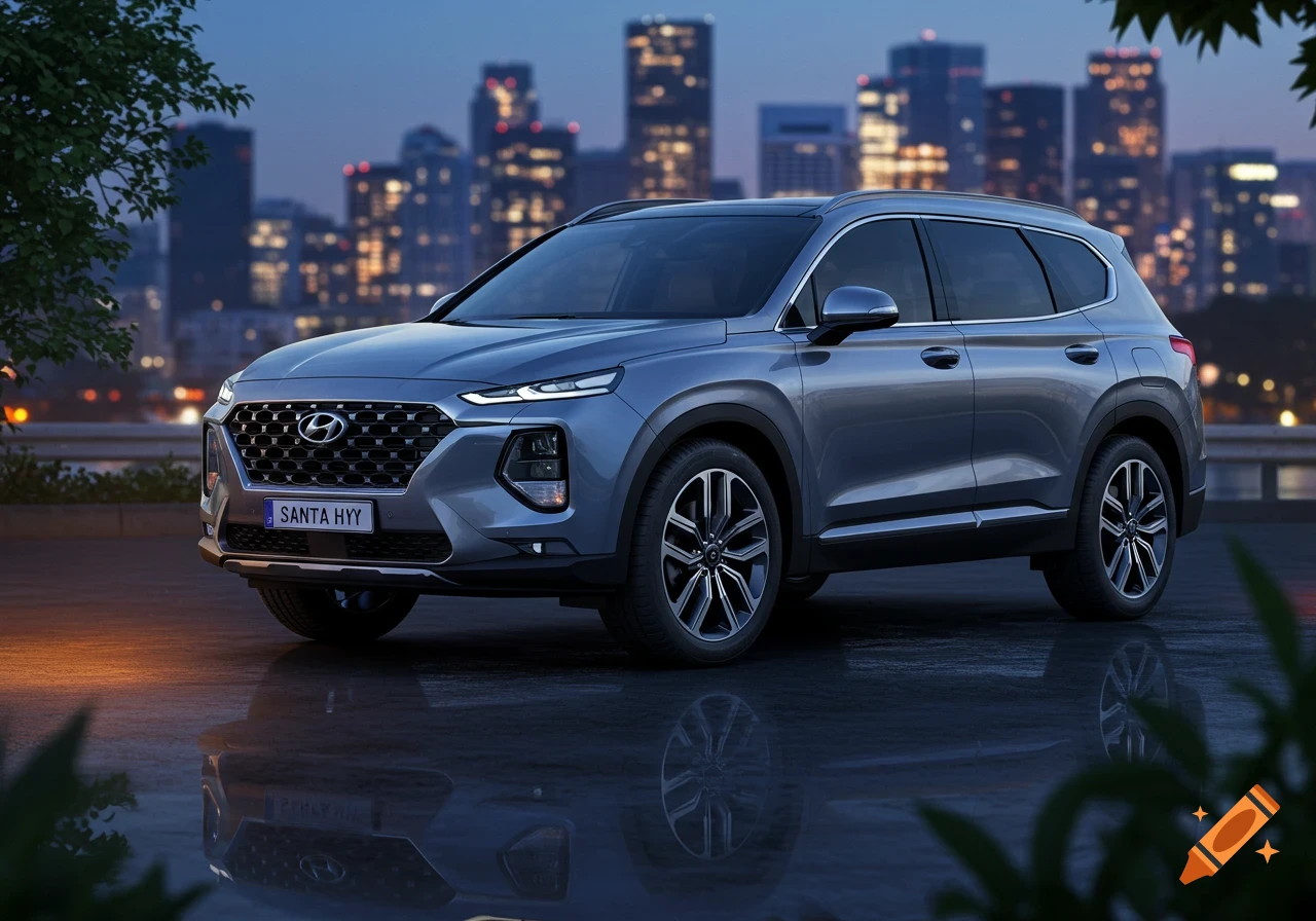 A grey Hyundai Santa Fe SUV parked at night with a city skyline in the background, reflected on a wet surface.