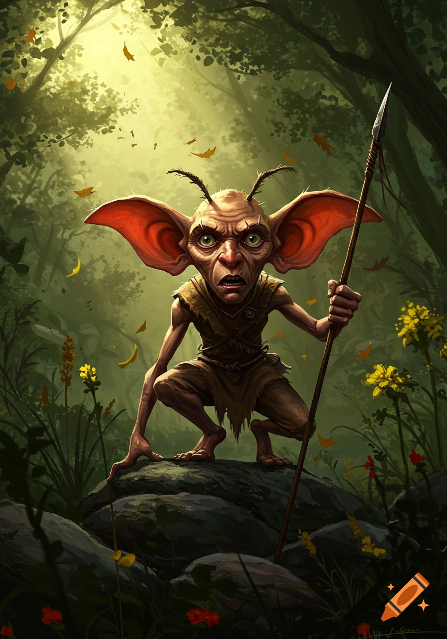 A goblin-like creature with huge red ears and antennae holds a spear in a sunlit forest.