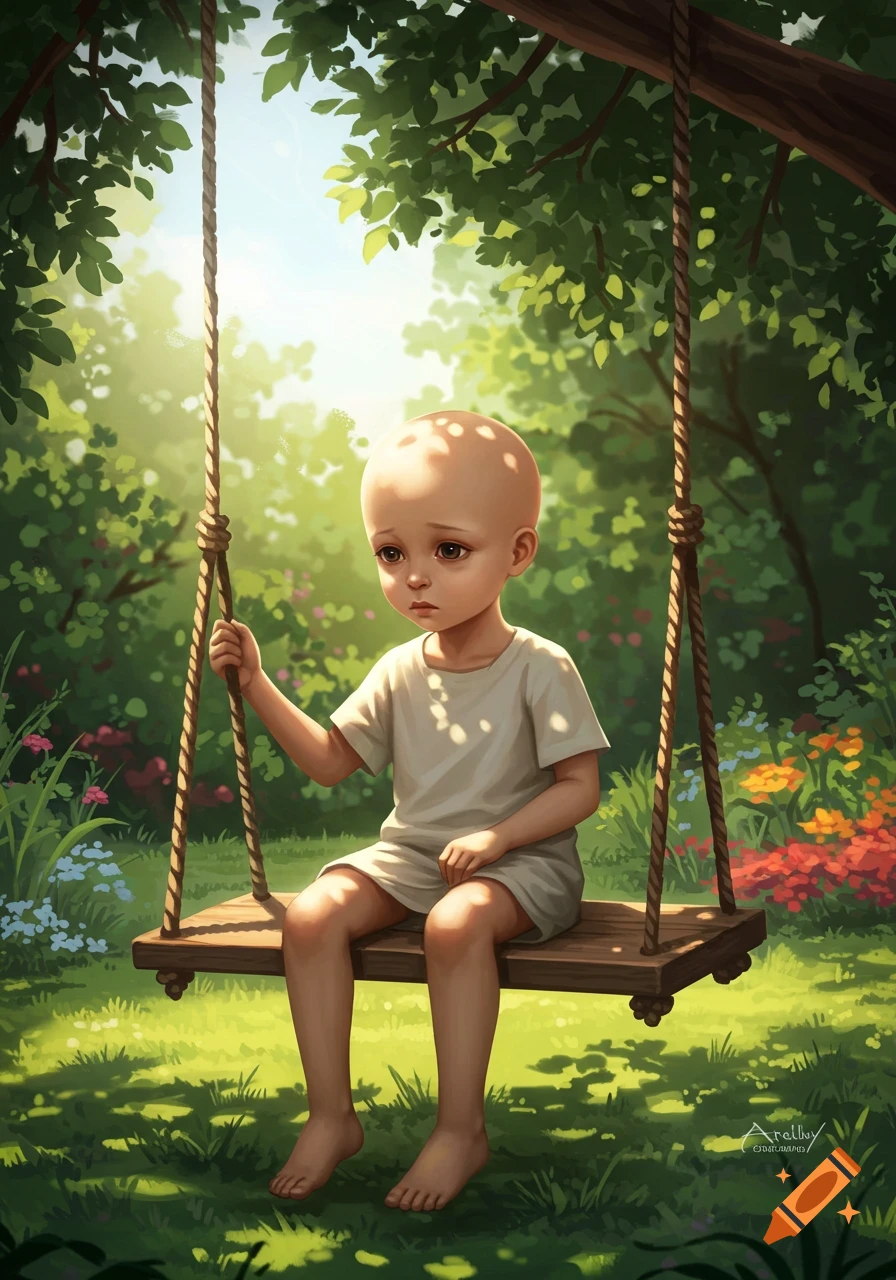 A sad, bald child sits barefoot on a wooden swing in a lush, sunny garden, in an illustrative style.