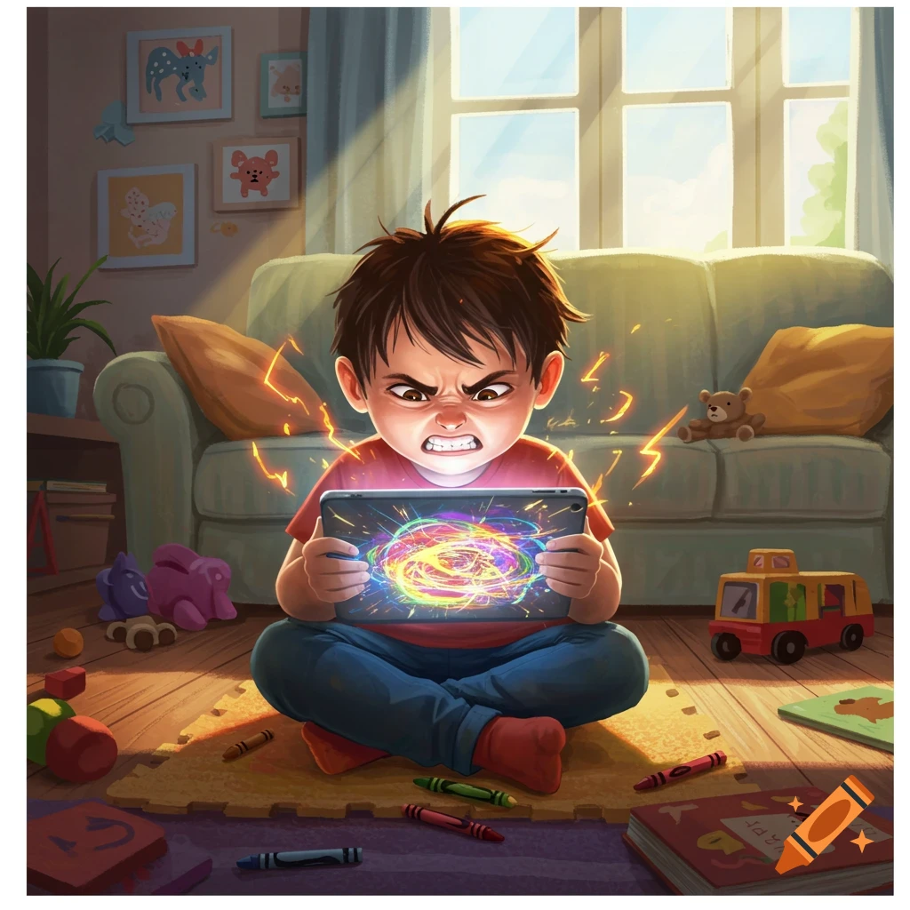 An angry young child sits cross-legged on the floor, clutching a glowing tablet with colorful scribbles on screen. Toys surround them in a sunlit room, illustration.