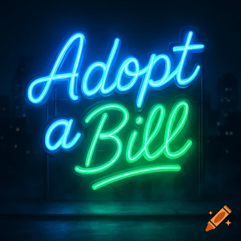 Neon sign glowing blue and green with the words 'Adopt a Bill' against a dark city background.