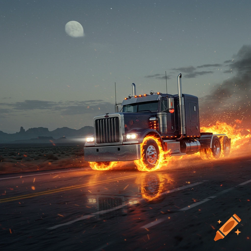 A powerful dark semi-truck with flaming wheels drives down a desert road at night under a full moon.