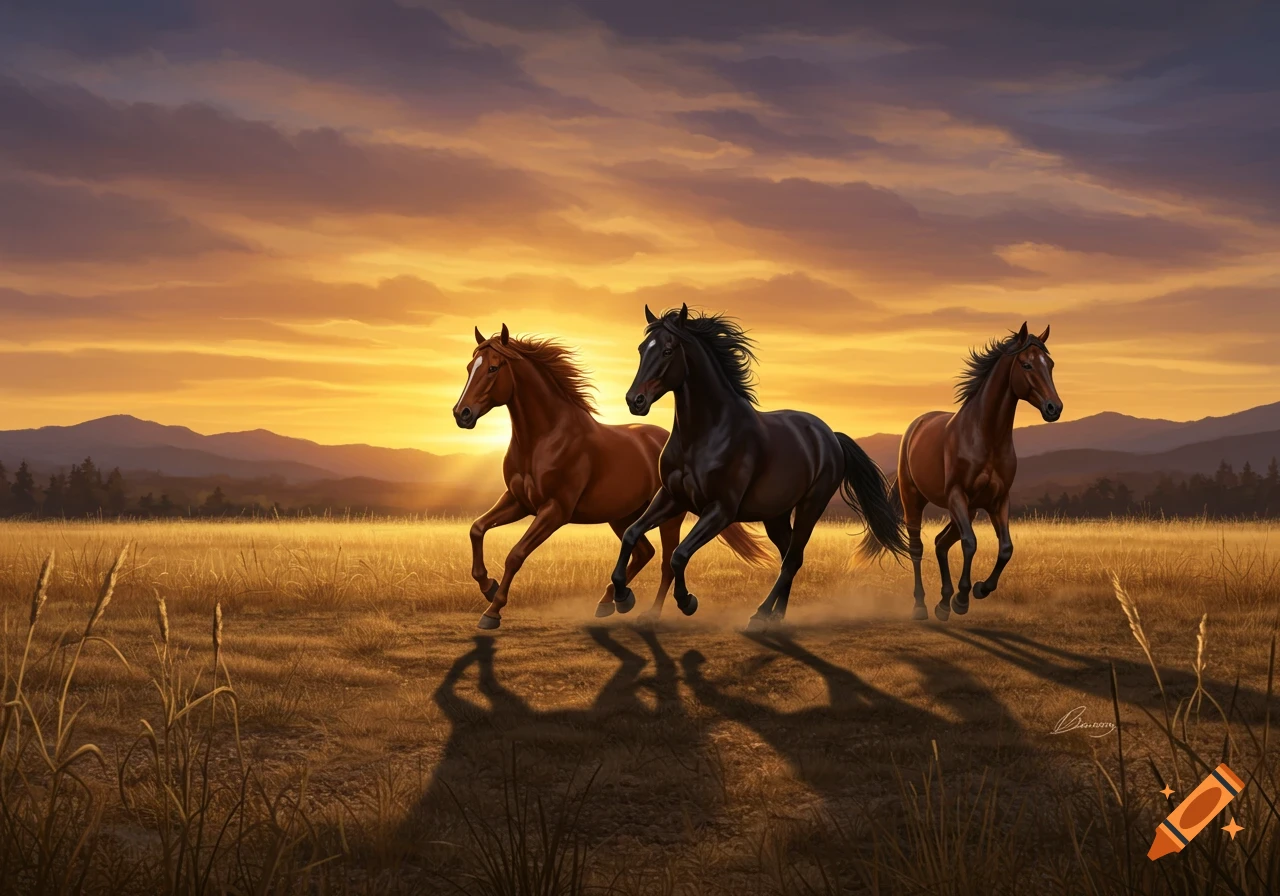 Three horses, two brown and one black, gallop through a golden field at sunset with mountains in the background.