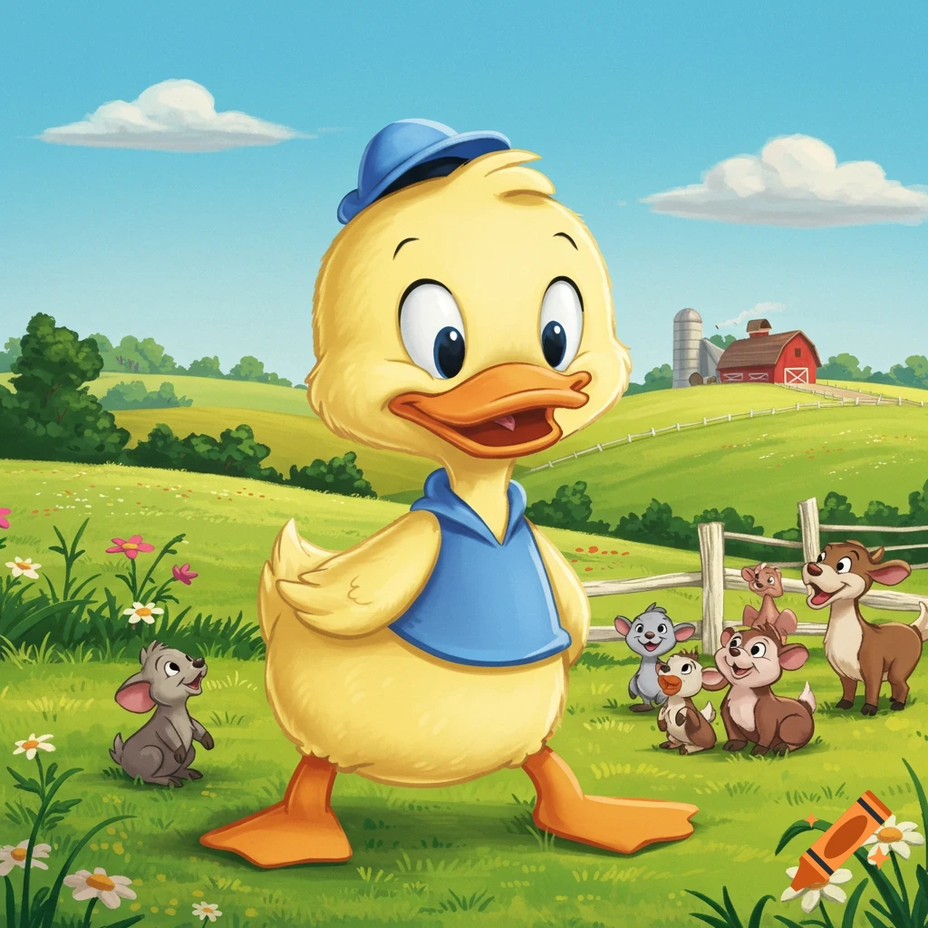A cartoon yellow duck in a blue hat and shirt walks in a green field with other small cartoon farm animals and a red barn in the background.