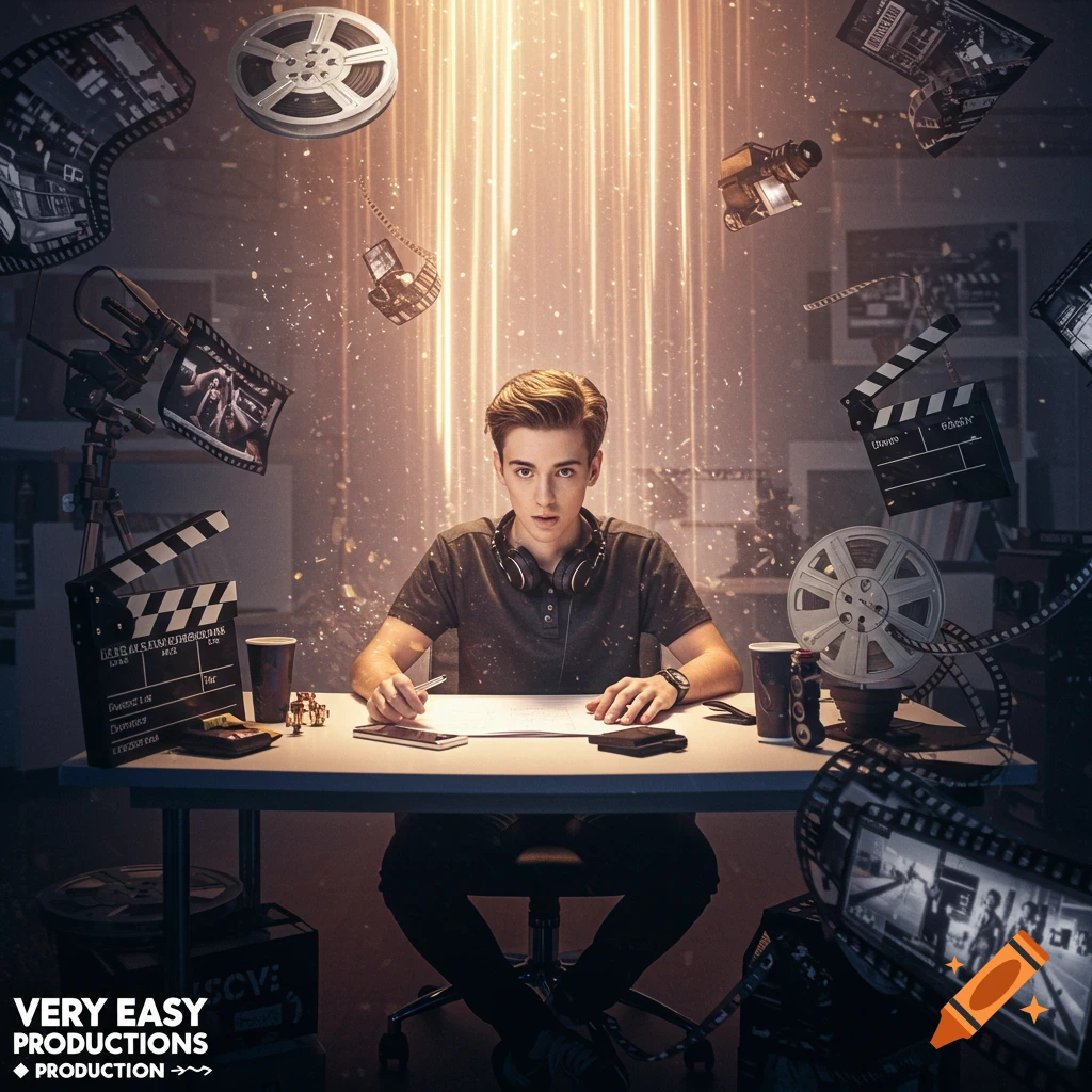 A young man sits at a desk with headphones around his neck, writing, surrounded by glowing light beams and floating film equipment like cameras, film reels, and clapboards, against a dark background.