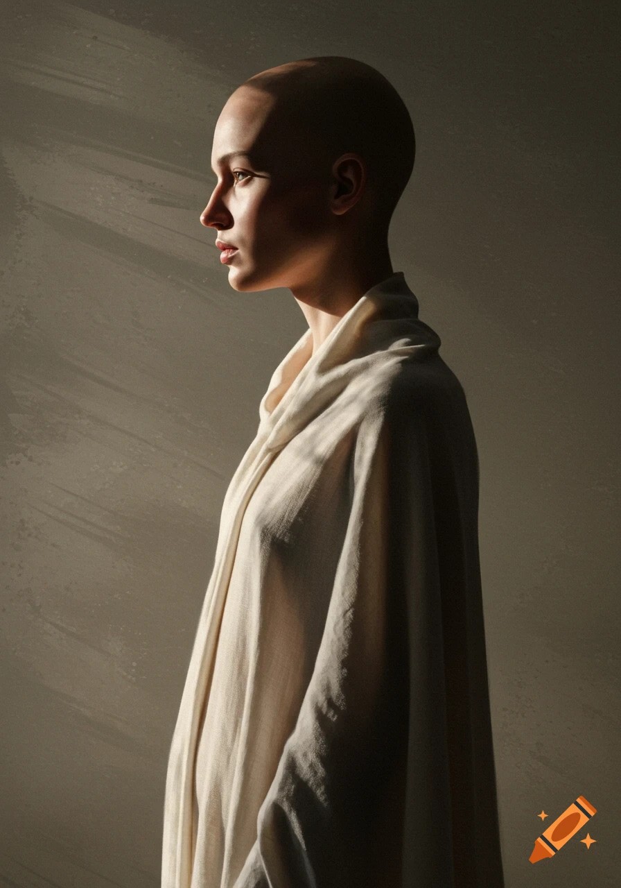 Side profile of a bald person draped in white cloth, bathed in soft sunlight against a textured wall.