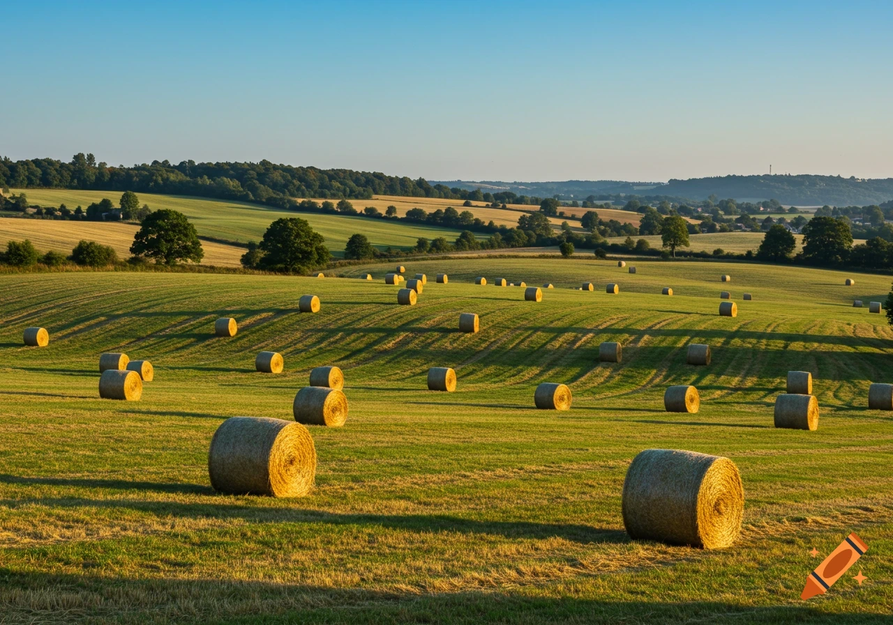 Photorealistic landscape of green rolling hills with numerous round hay bales scattered across fields under a clear blue sky.