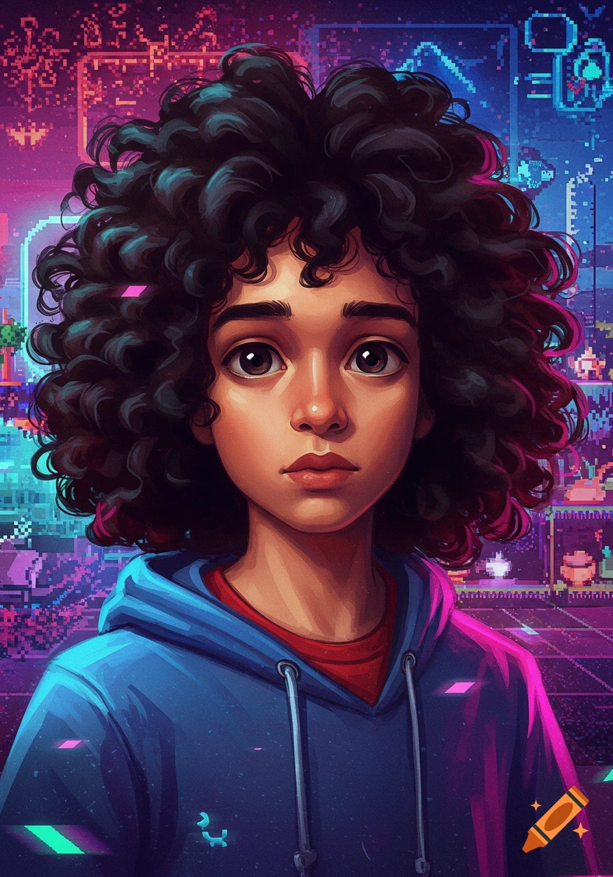 A cartoon portrait of a young person with dark curly hair and large eyes, wearing a blue hoodie, against a vibrant pixelated video game background.
