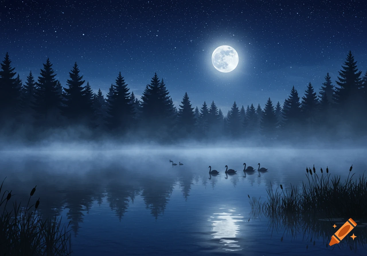 A serene moonlit lake at night, surrounded by a dark forest of pine trees, with mist rising from the water and swans gracefully swimming.