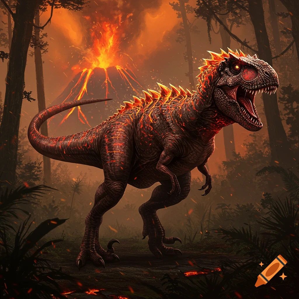 A fiery dinosaur, with glowing red scales and spikes, stands in a dark prehistoric forest with an erupting volcano in the background. Digital art.