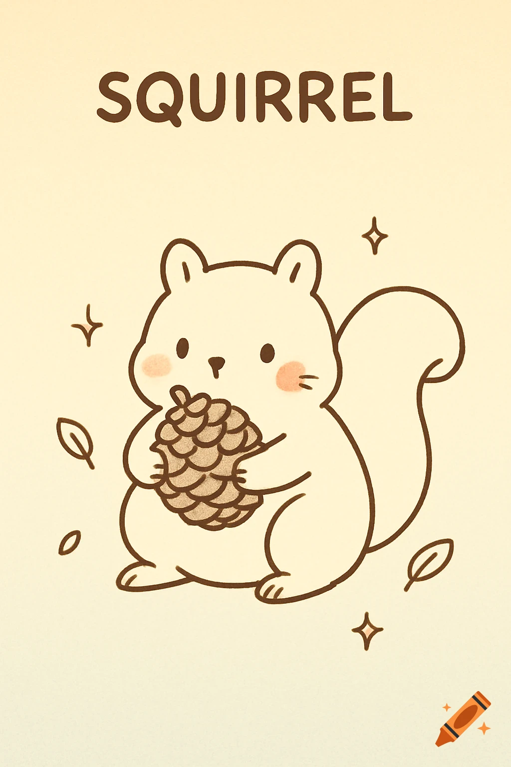 A cute, simple cartoon squirrel holds a pinecone against a light yellow background, with the word "SQUIRREL" at the top.