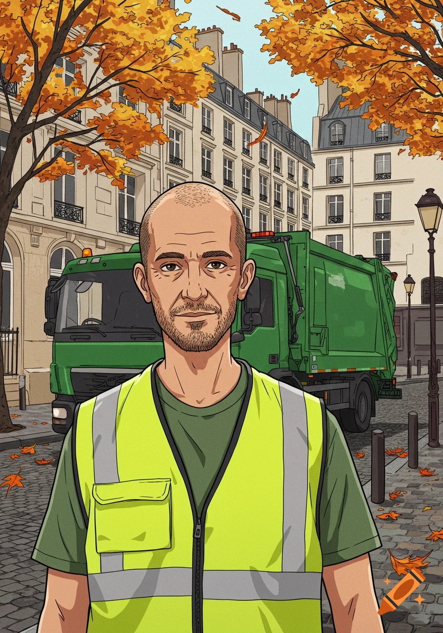 A manga-style portrait of a bald man with a goatee in a high-visibility vest, standing in front of a green garbage truck on an autumn Parisian street with Haussmannian buildings.