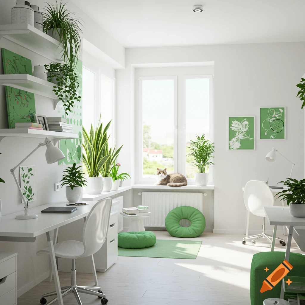 A bright, minimalist home office with white desks, chairs, shelves, and lush green plants. A cat lounges on the sunlit windowsill.