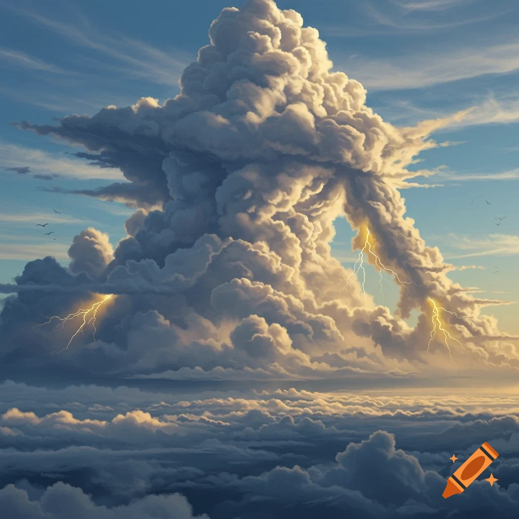 A majestic, towering cumulonimbus cloud with lightning strikes, seen from above a vast cloud layer under a blue sky.