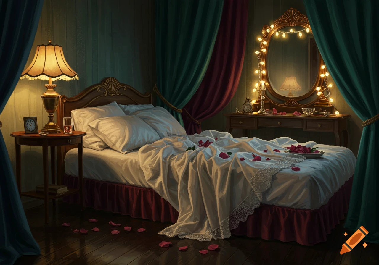 A dimly lit, romantic bedroom with a bed covered in white sheets and red rose petals. An ornate mirror with string lights is above a vanity.