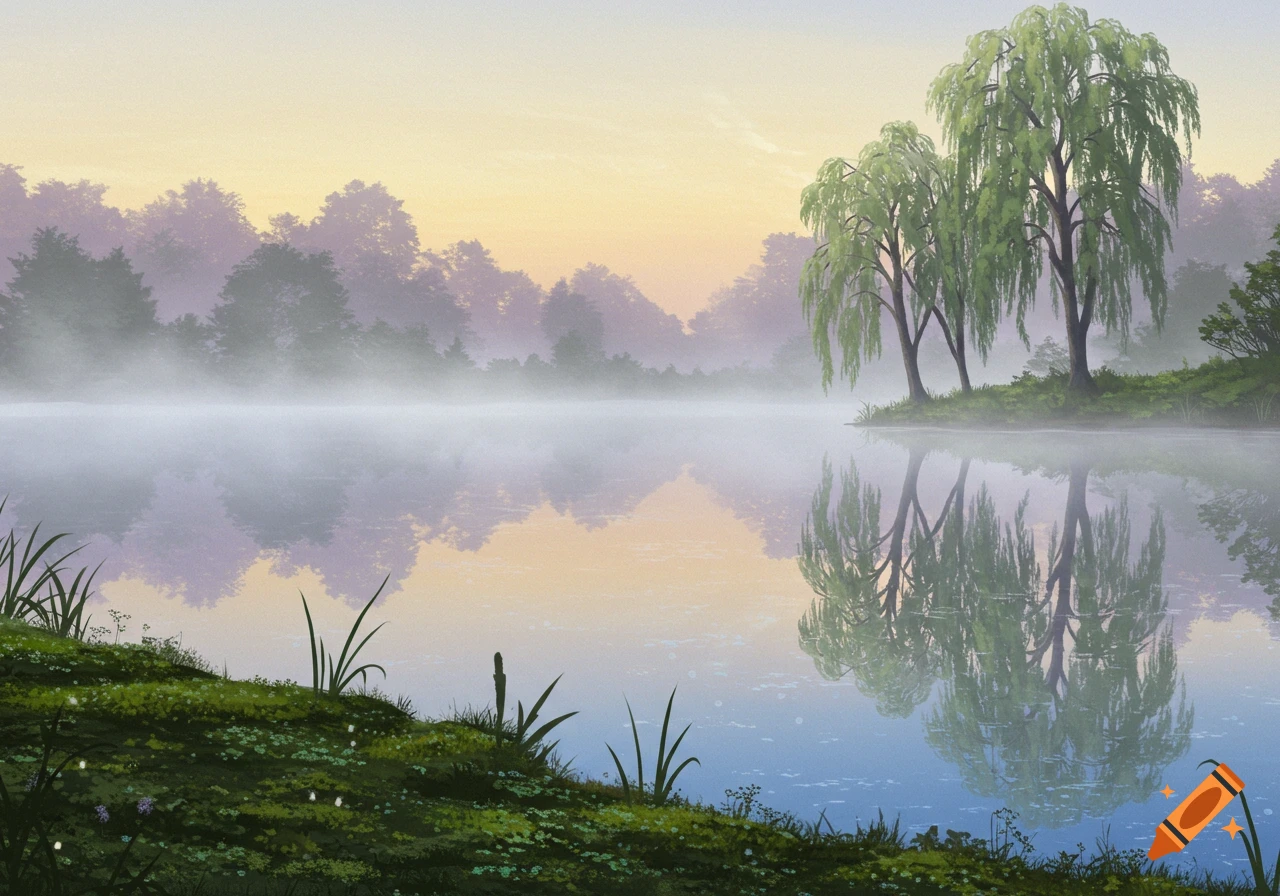 Misty lake with willow trees and forest reflected in water at sunrise, illustrative style.