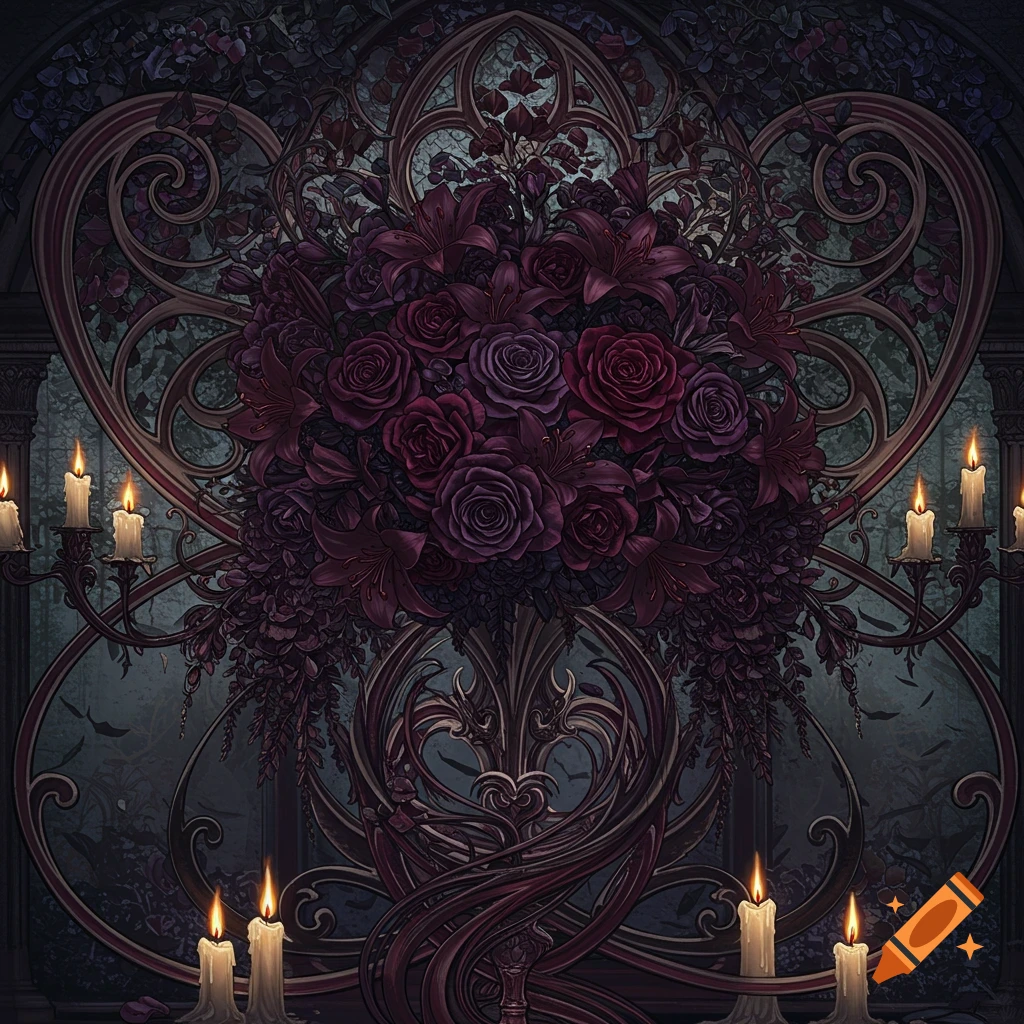 Ornate dark gothic floral arrangement with deep red roses and lilies, surrounded by burning candles and intricate art nouveau patterns.