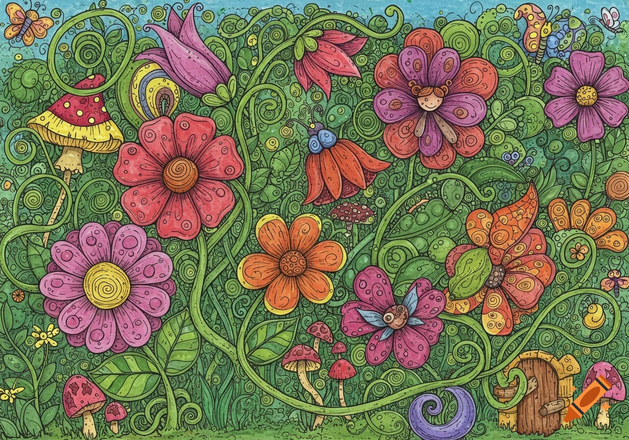 Whimsical doodle art illustration of a vibrant garden with colorful flowers, twisting vines, mushrooms, insects, and a small wooden door.