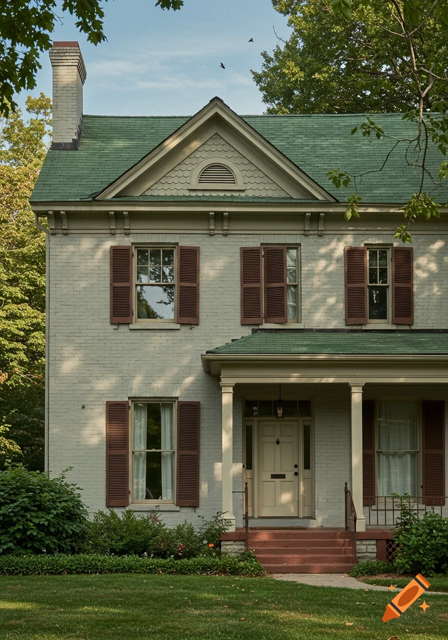 A classic old house with a green roof, light gray brick, brown shutters, and a cream front door, set amidst green foliage.