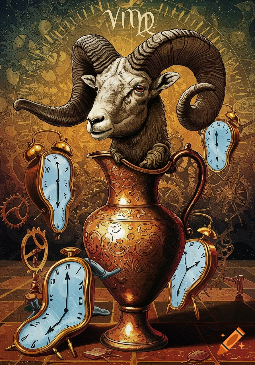 A surrealist illustration of a ram's head emerging from an ornate jug, surrounded by melting clocks, gears, and the word 'Virgo'.