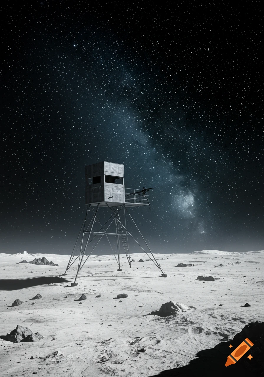 A photorealistic image of an elevated hunting blind with a rifle on a vast lunar landscape under a starry night sky with the Milky Way.