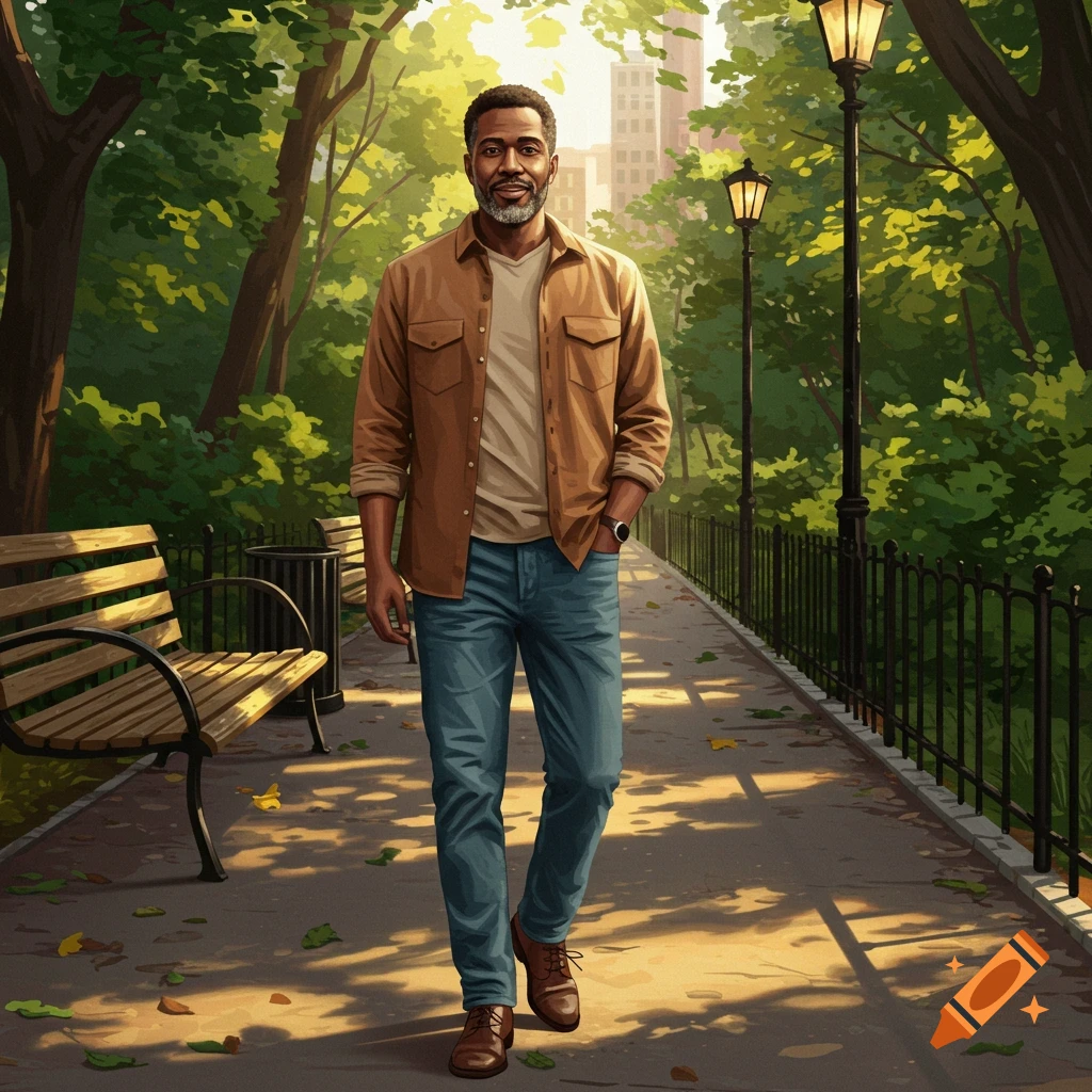 An illustrated man with a beard and brown shirt smiles while walking on a path in a sunlit park.