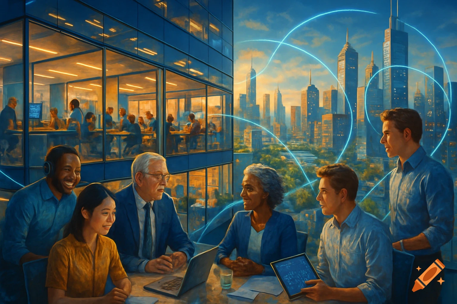 Diverse business team collaborating in a modern office with a city skyline and glowing network lines in the background, in a painted style.