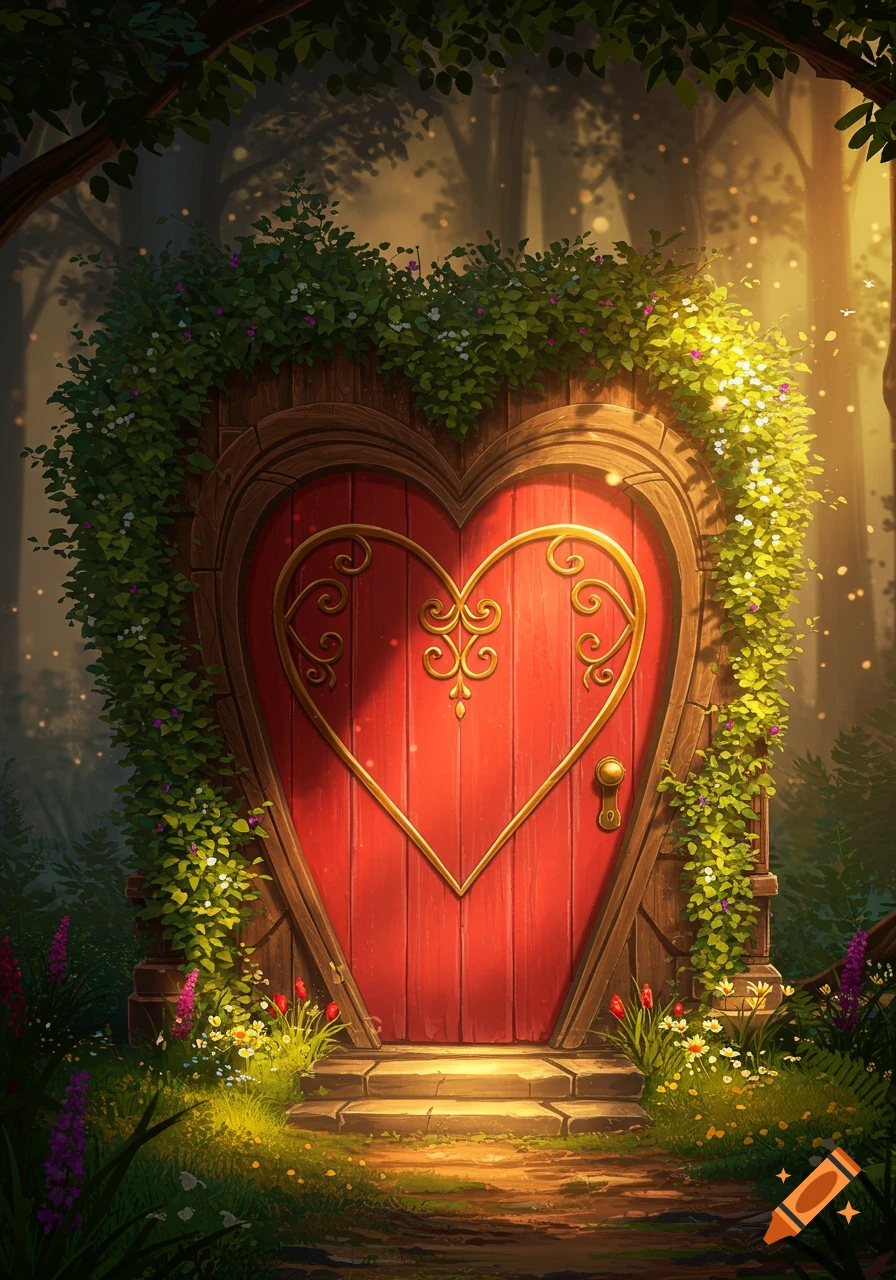 A whimsical heart-shaped red wooden door, adorned with green vines and white flowers, stands on a stone path in a magical, glowing forest.