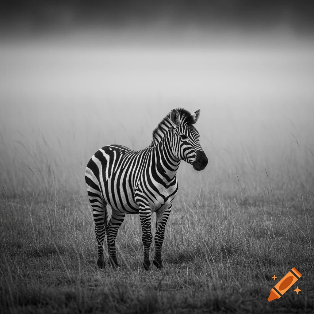 A black and white photo of a zebra standing in a field of tall grass.