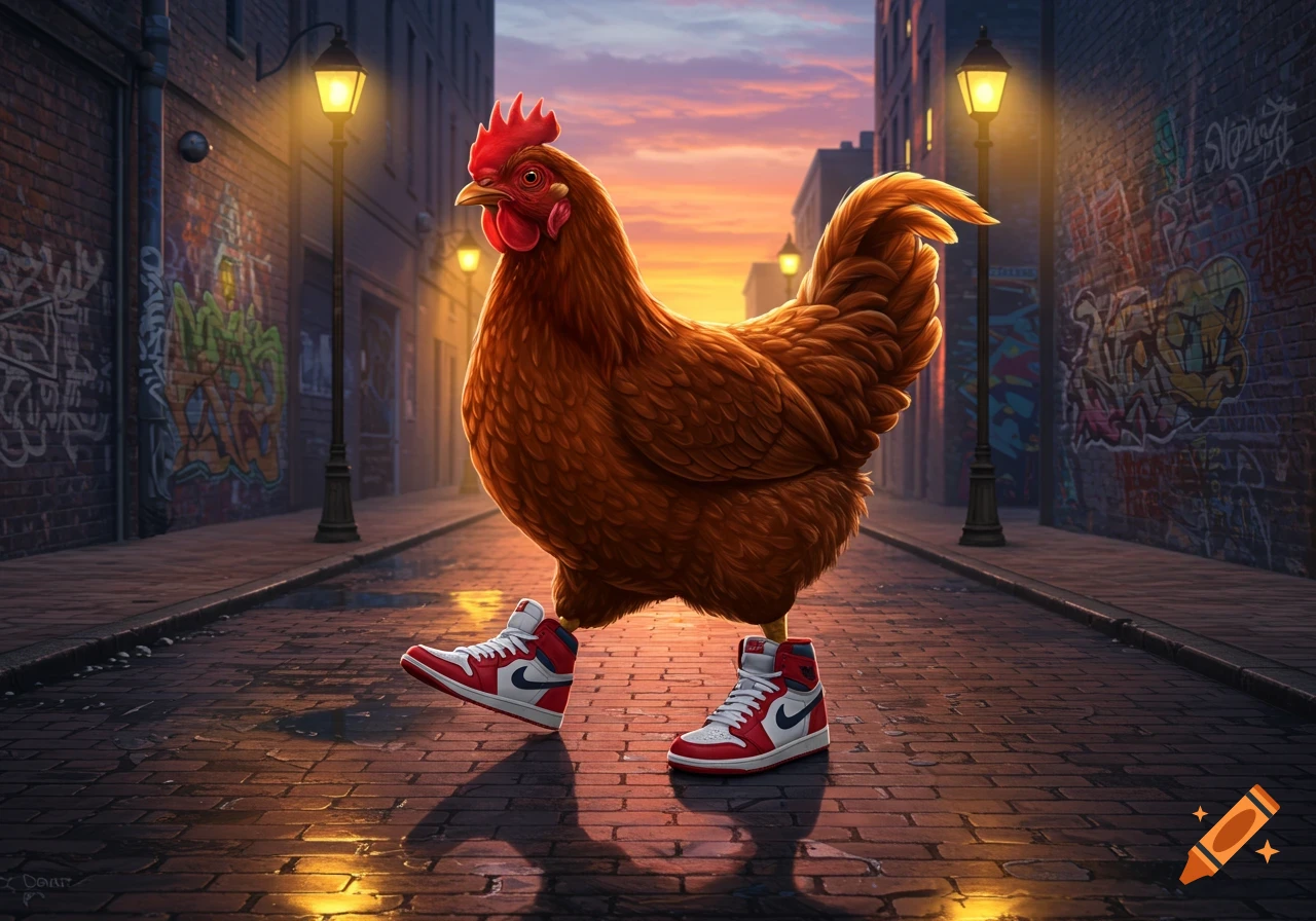 A large brown chicken wearing red and white sneakers stands on a wet brick street in an alley with graffiti walls and glowing streetlights at sunset.