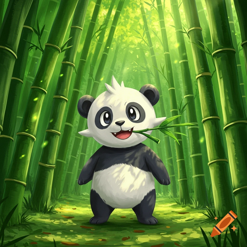 A cute, smiling cartoon panda stands in a lush bamboo forest, holding a stalk of bamboo in its mouth.