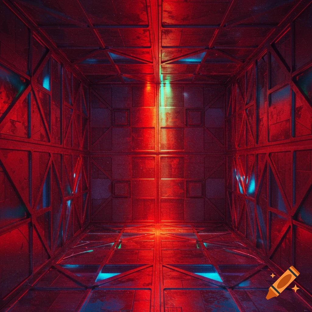 A red and blue lit sci-fi room with metallic paneled walls and floor, creating an enclosed, geometric space reminiscent of the movie 'Cube'.