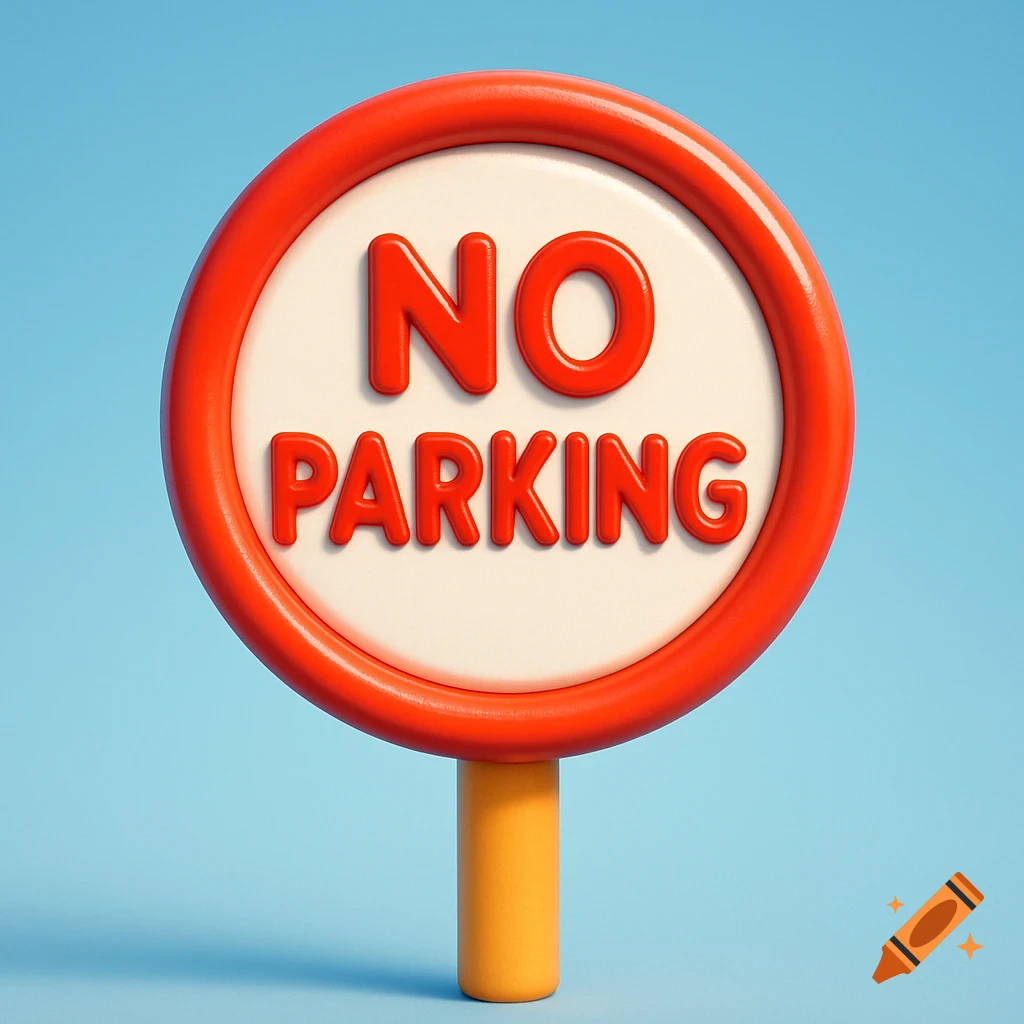 A cute 3D cartoon 'No Parking' sign with red text on a white circle, set against a blue background.