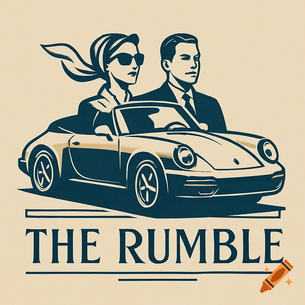 Art Deco illustration of a stylish couple in a classic convertible sports car with 'THE RUMBLE' text below.