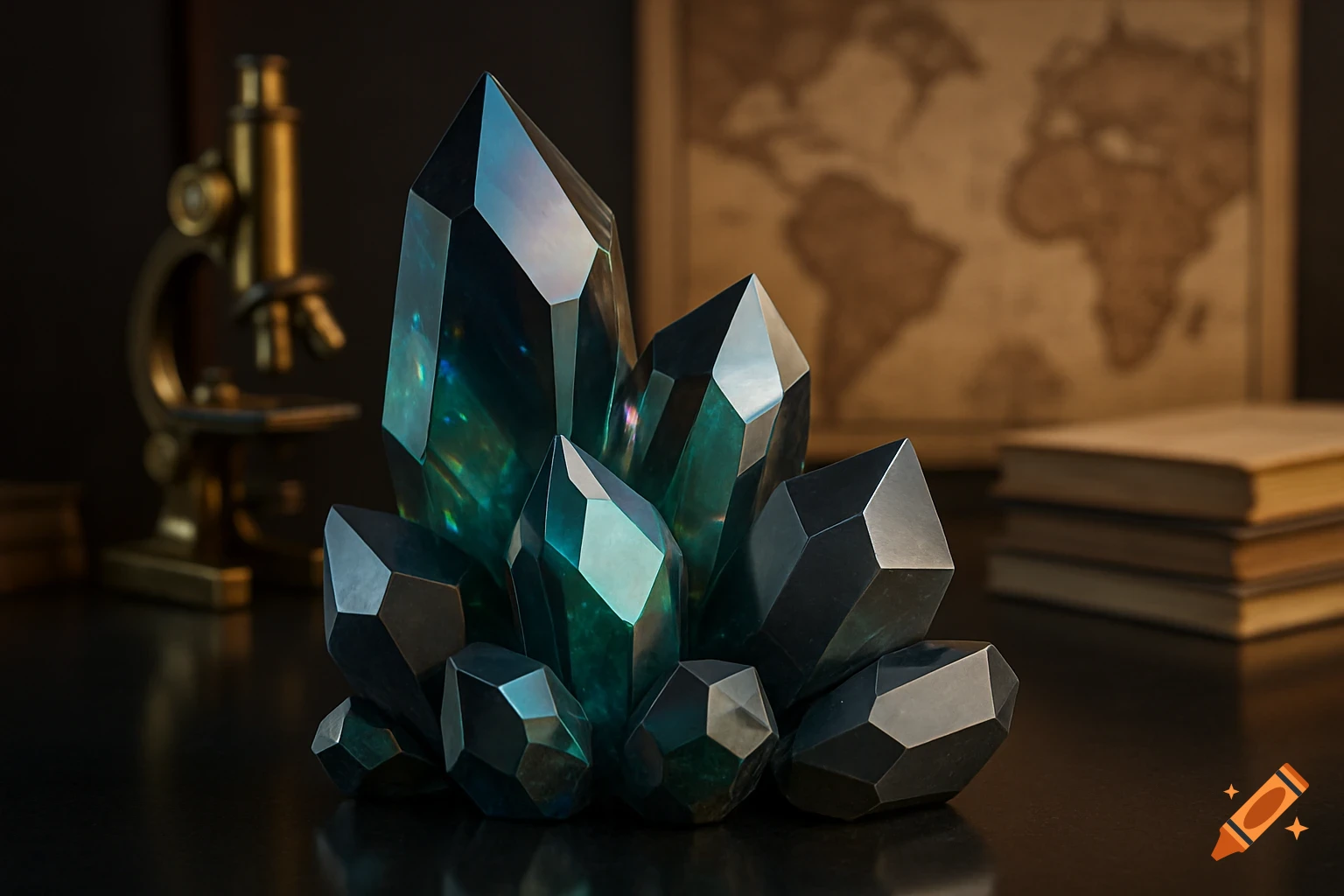 Cluster of dark, faceted crystals with green and blue reflections on a dark surface, with a blurred microscope, world map, and books in the background.