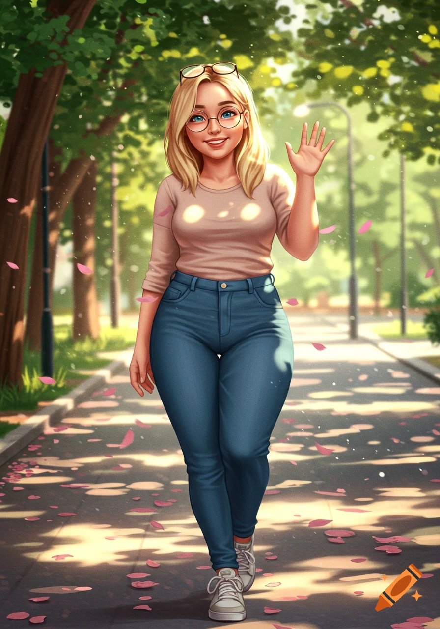 Smiling blonde woman with glasses in jeans and sneakers waving on a sunlit park path, digital illustration style.